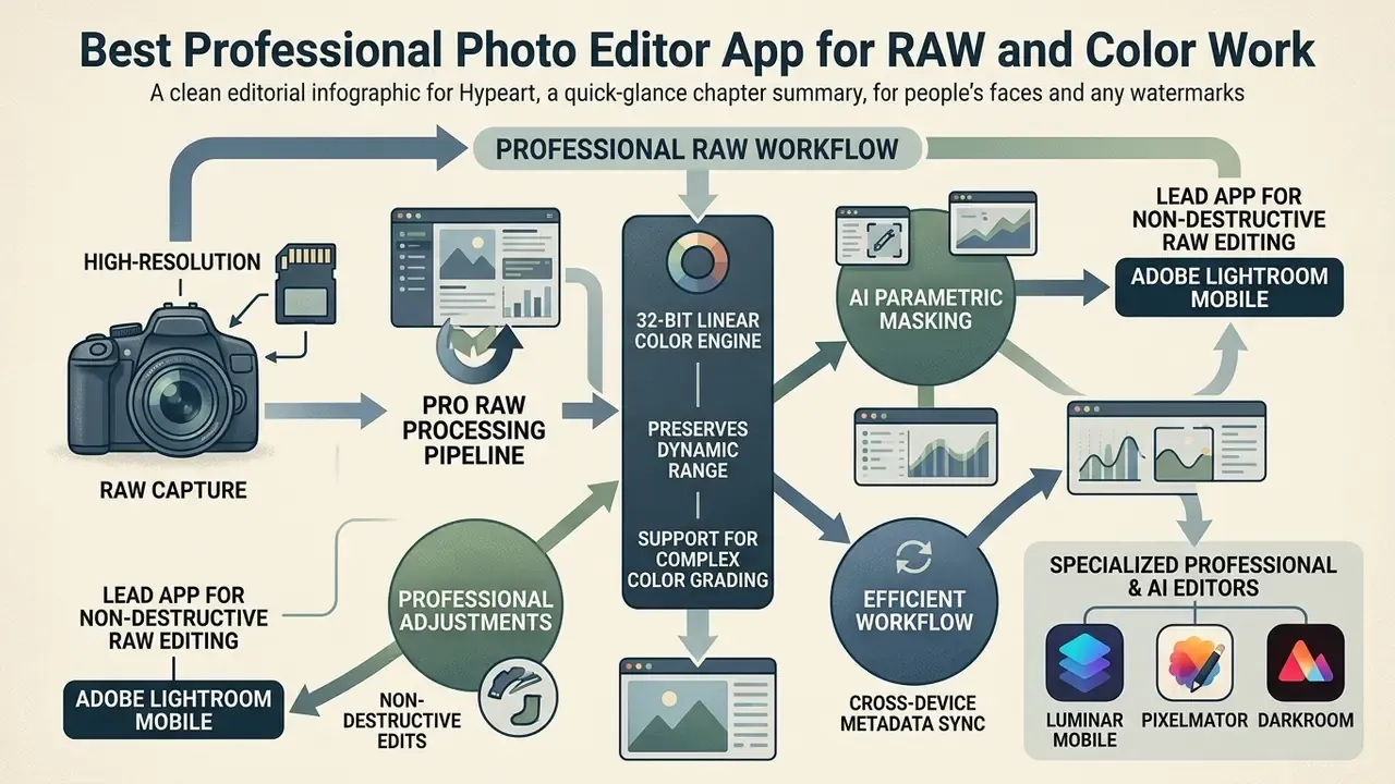 Infographic mapping the professional RAW photo editing workflow from camera capture to final output