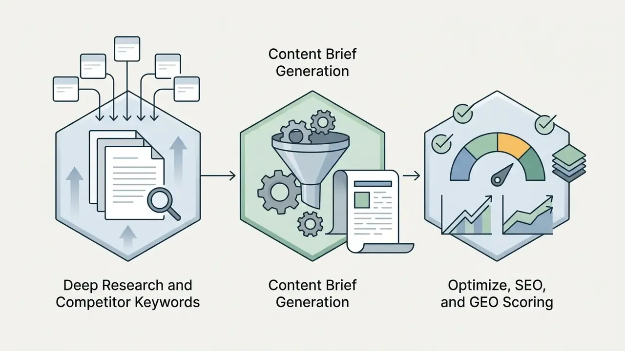 Three hexagonal icons showing a workflow from competitor research to content briefing and SEO scoring