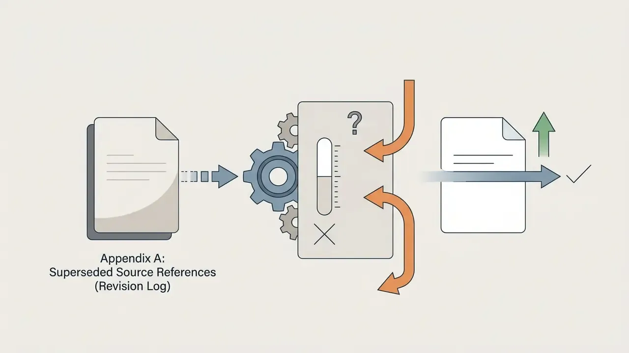 Page icon moving through gears and a gauge to reach a finalized status with a green arrow and checkmark