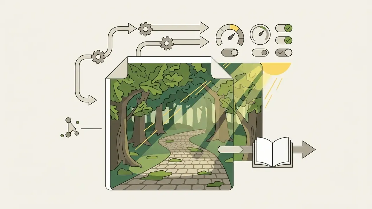 A forest path scene being processed through gears and settings into an open book graphic