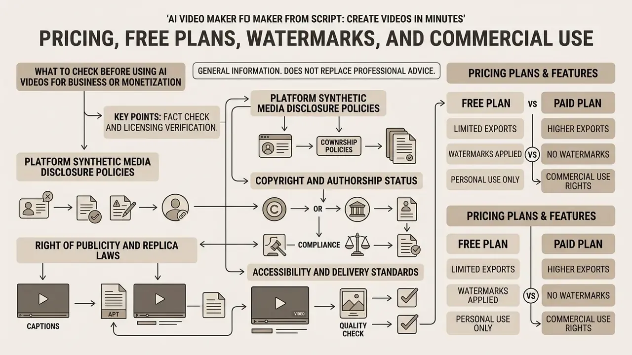 Flowchart outlining legal and commercial considerations for synthetic media alongside a plan comparison table