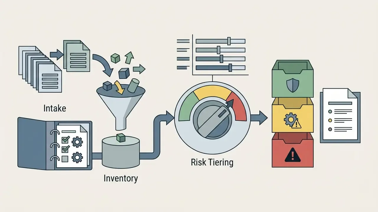 Process showing items moving through a funnel into an inventory and a risk assessment tiering system
