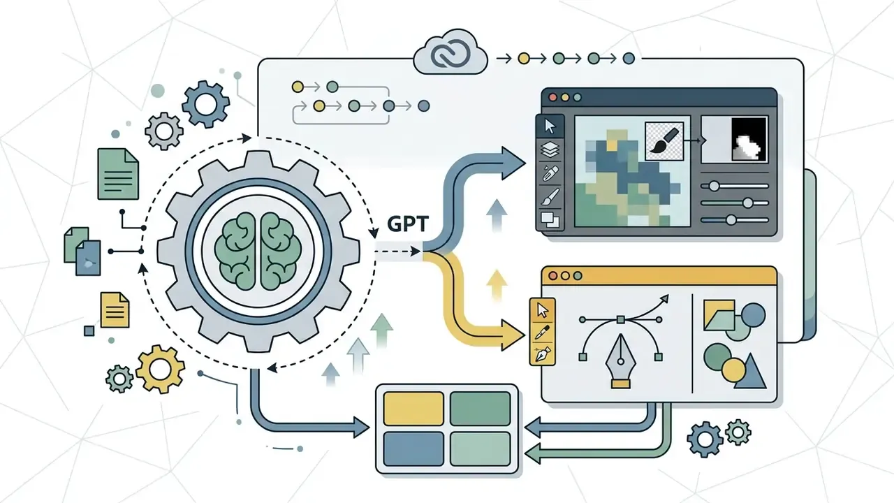 Brain gear mechanism feeding into GPT and branching to design software interfaces for creative workflows