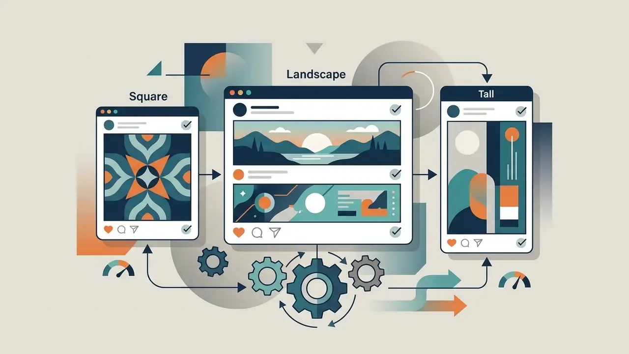Gears connecting square, landscape, and tall social media post templates with status gauges and arrows