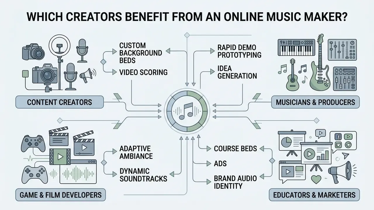Central hub connecting various professional groups to specific audio production use cases