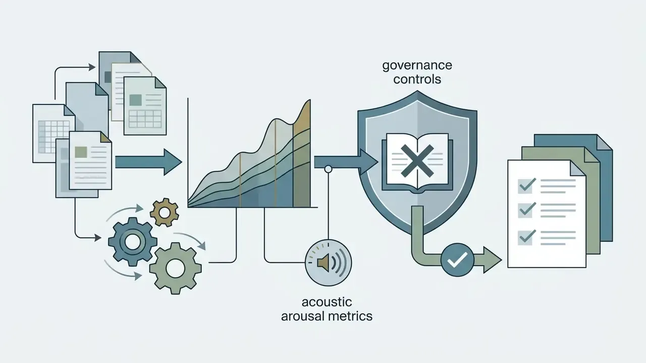 Documents and gears feeding into a graph and shield icon to filter content by acoustic arousal metrics
