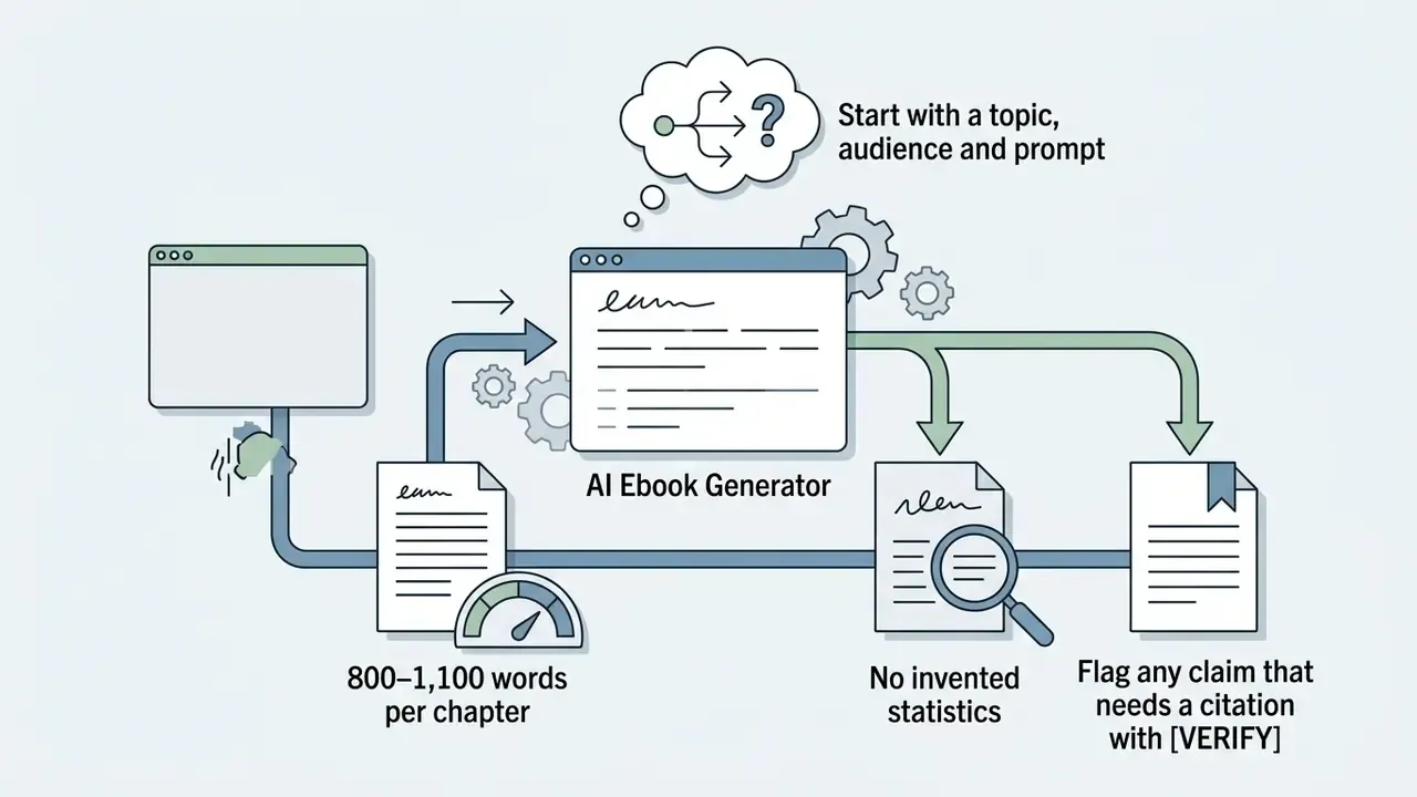 Browser window inputs feeding a processing engine to generate verified book content with chapter constraints