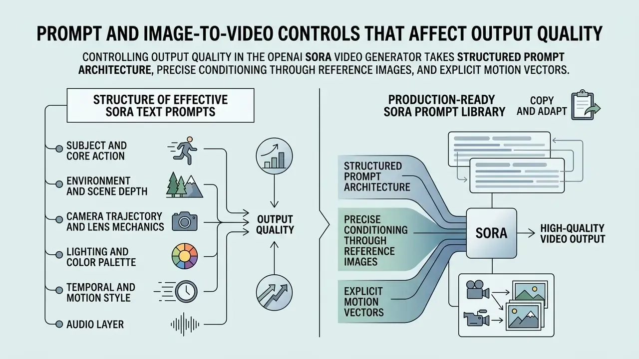 Diagram detailing prompt components and conditioning methods for optimizing OpenAI Sora video generation