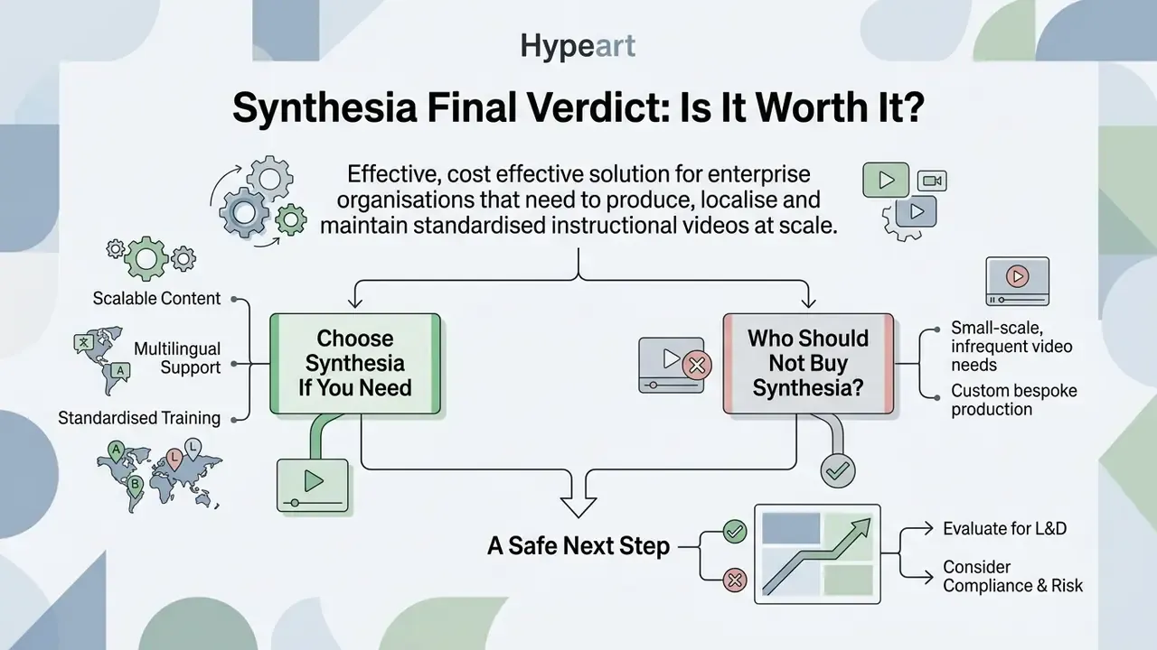 Decision flow chart summarizing when to choose or avoid Synthesia AI for enterprise training videos
