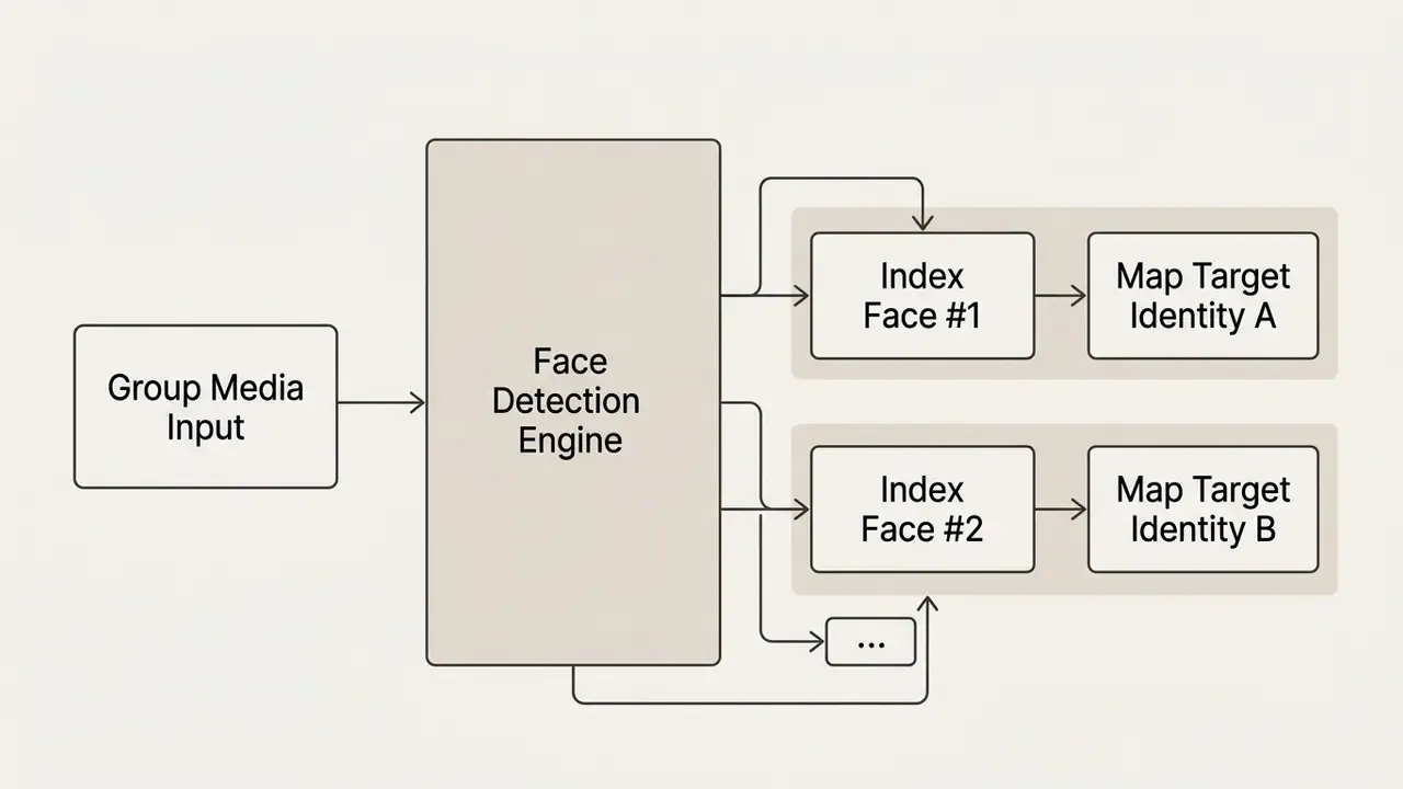 Process diagram showing group media input feeding a face detection engine to map multiple target identities