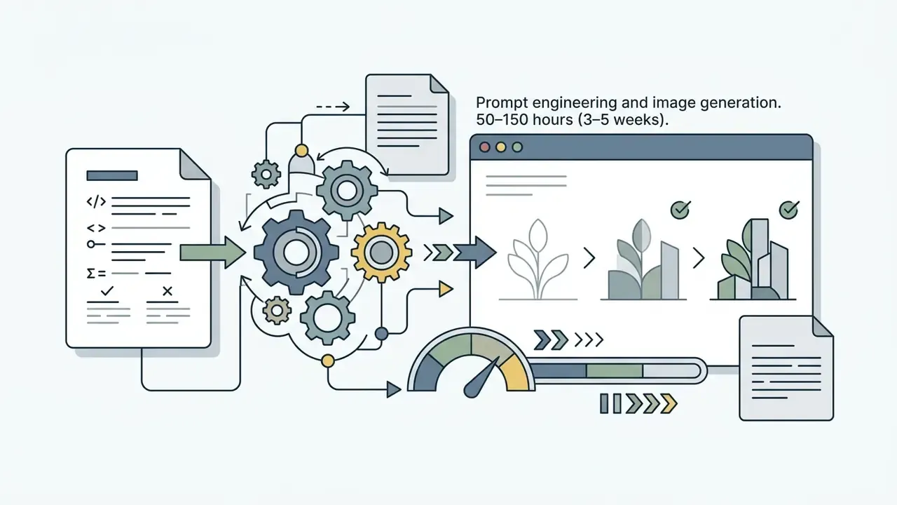 Document with code symbols feeding into a gear system that processes sketches into finished illustrations