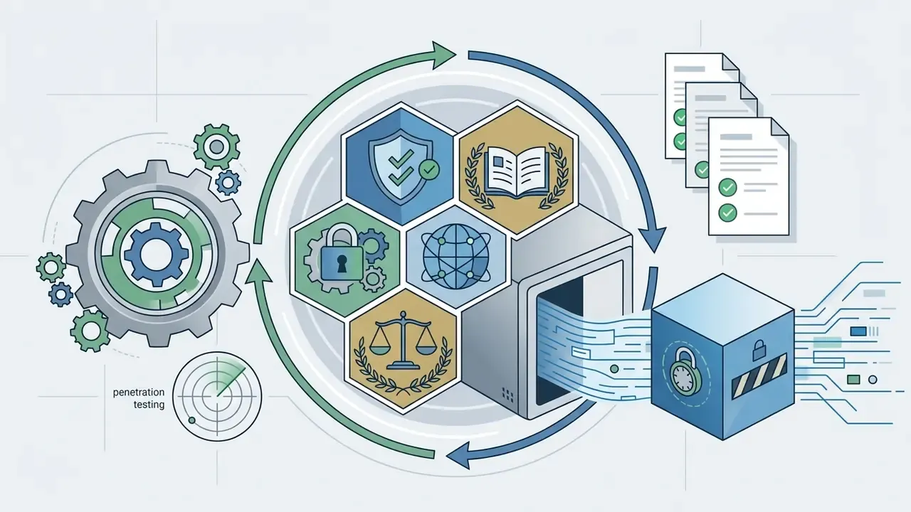 Gears and security icons surrounding a server block with compliance documents and data protection symbols
