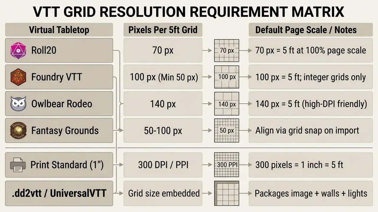 Table comparing pixel resolution requirements for various virtual tabletop platforms and print standards