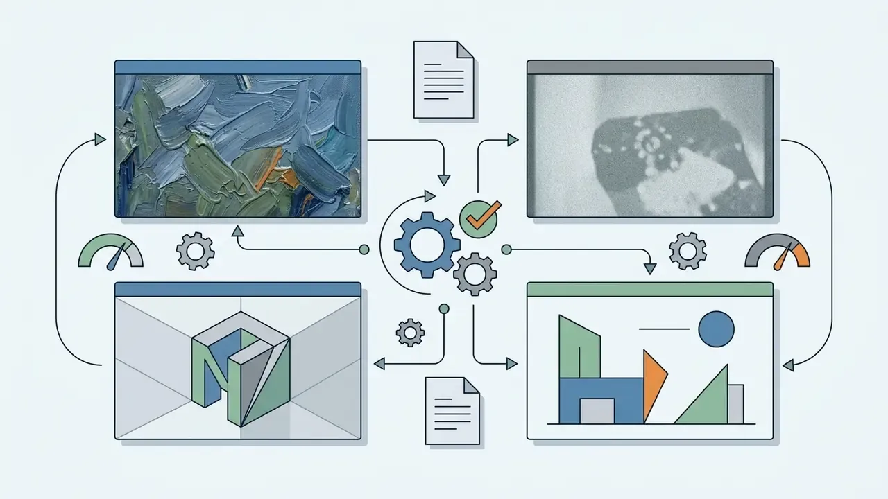 Four distinct artistic styles connected by gears and arrows to a central processing hub