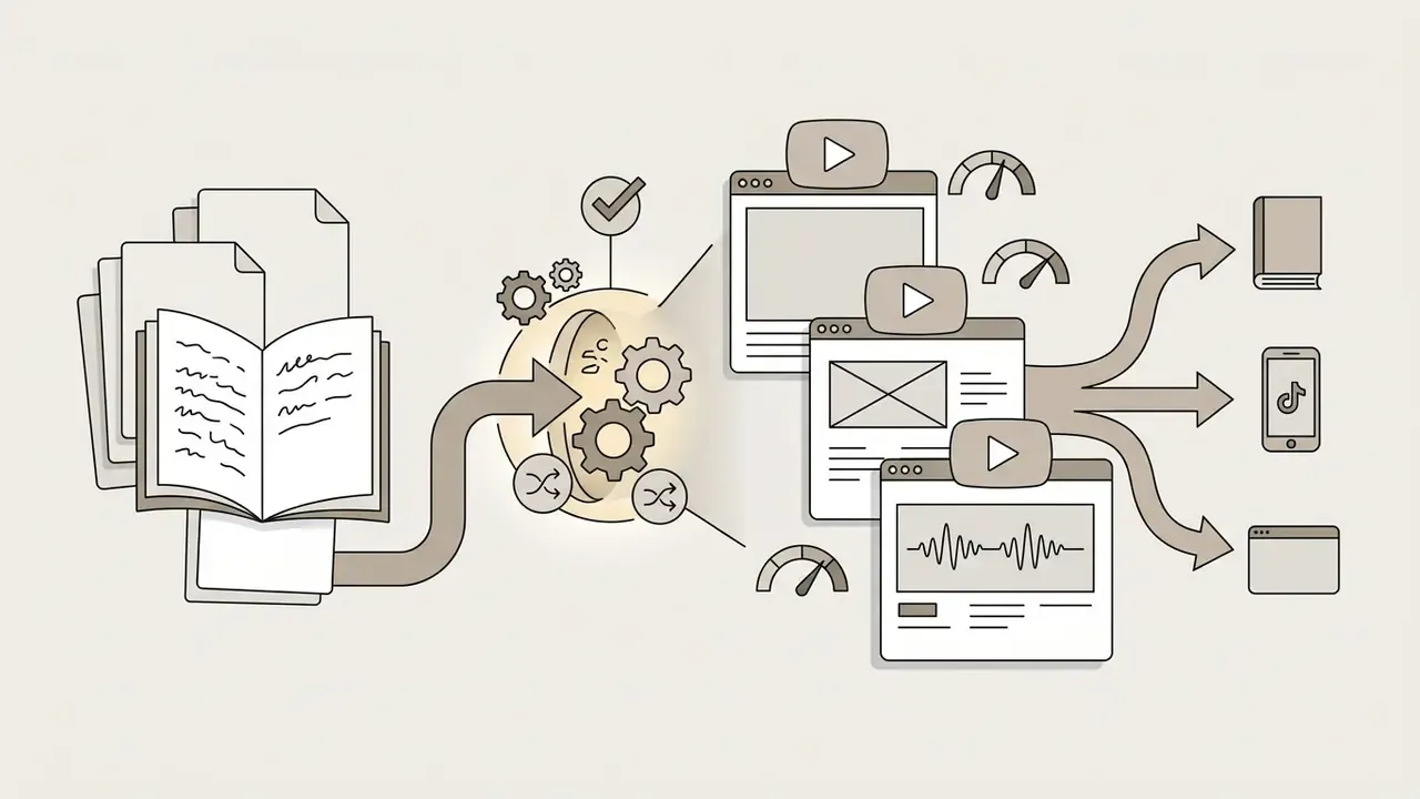 Book pages and text feeding into a gear processor to create video content for various digital platforms