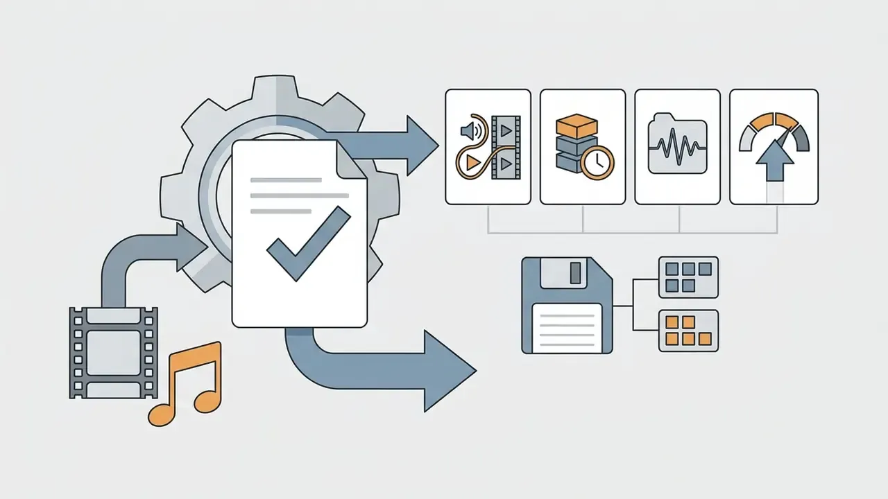 Gear and document icon processing video, audio, and storage settings for digital file export