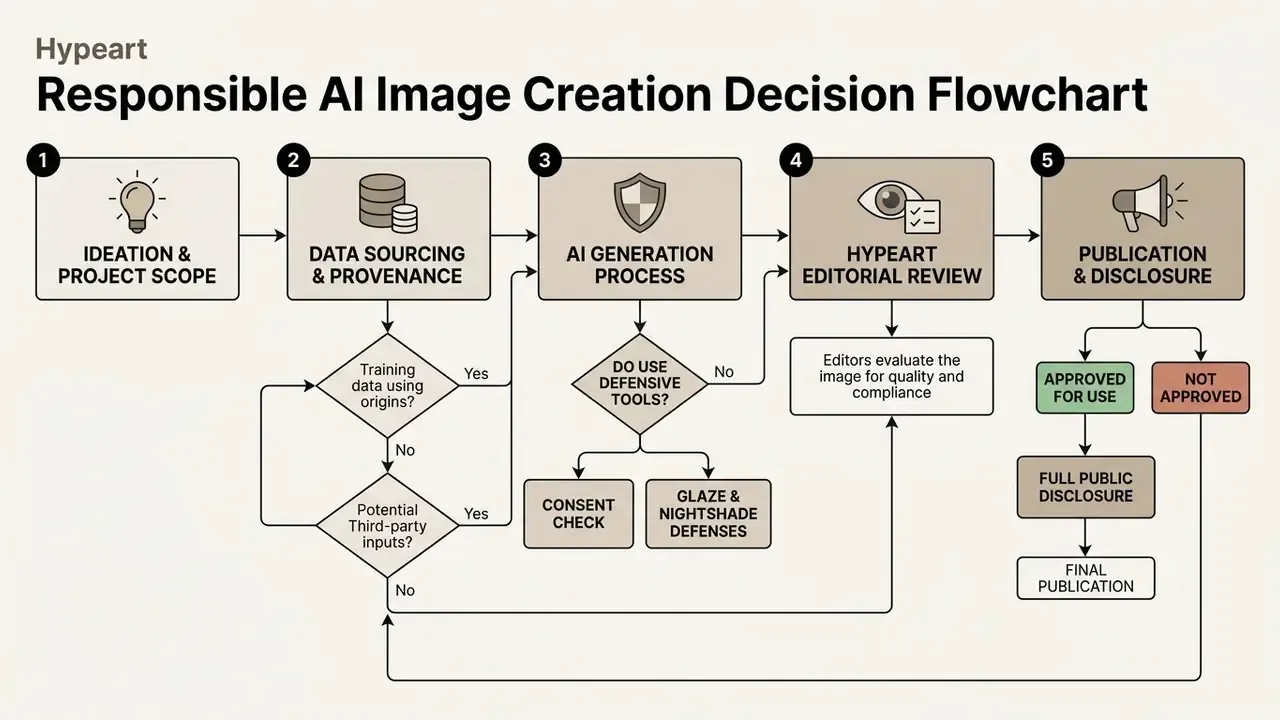 Step-by-step decision flowchart outlining the stages of responsible AI image generation and disclosure