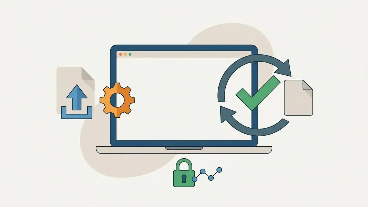 Laptop screen showing file upload and processing with a green checkmark and a security padlock icon