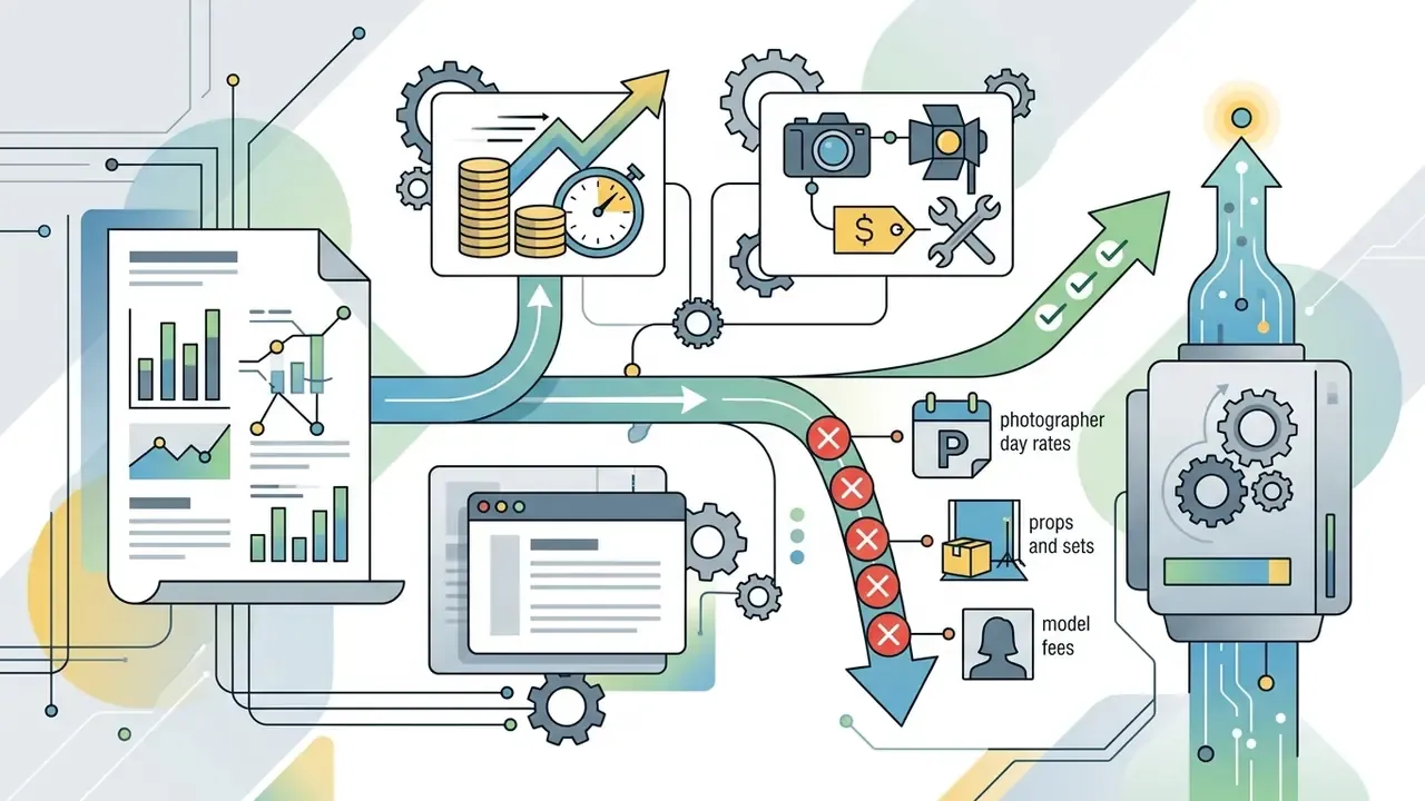 Flowchart showing how automated workflows reduce expenses like equipment rentals and professional fees