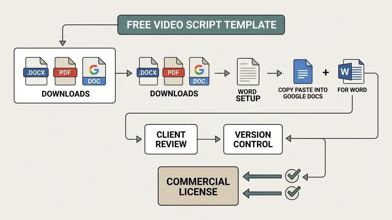 Workflow showing file downloads, document setup, client review, version control, and commercial licensing