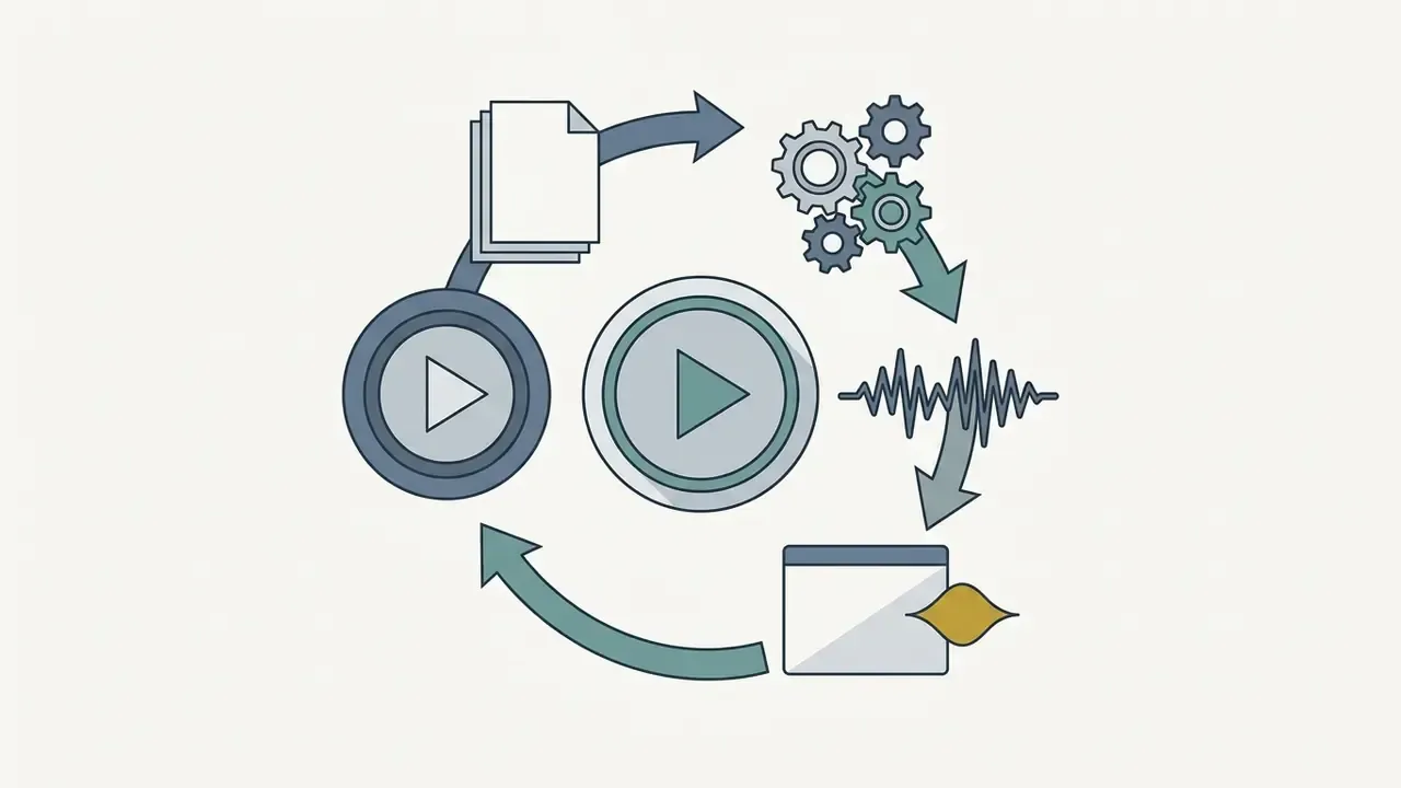Circular workflow showing document input, gear processing, audio wave generation, and final output