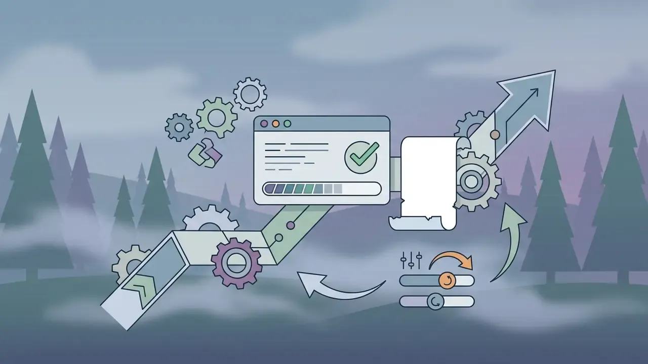 Software interface processing text prompts with gears and sliders against a misty pine forest background