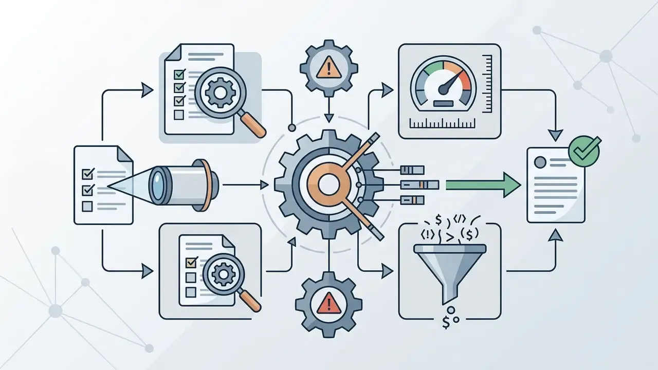 Systematic process diagram showing document evaluation, data filtering, and performance testing steps