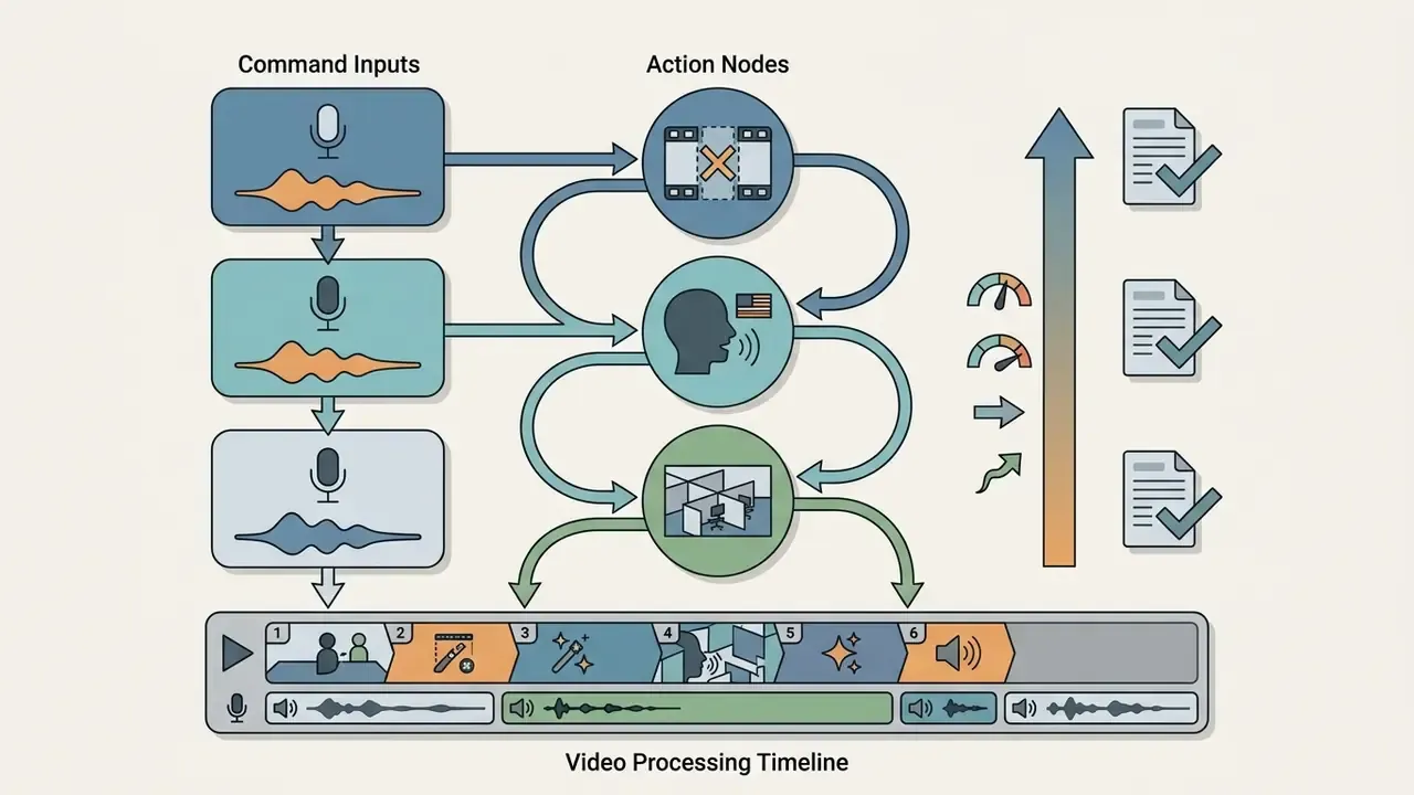 Workflow showing command inputs feeding into action nodes to modify segments on a video timeline