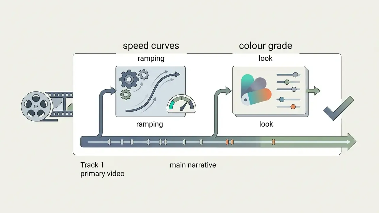 Primary video track showing speed curve adjustments and colour grading tools for narrative editing