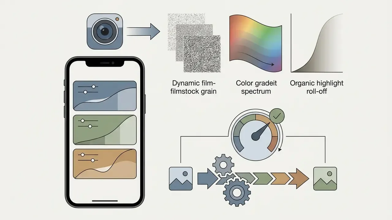 Diagram showing film grain, color grading, and highlight roll-off applied to images on a smartphone