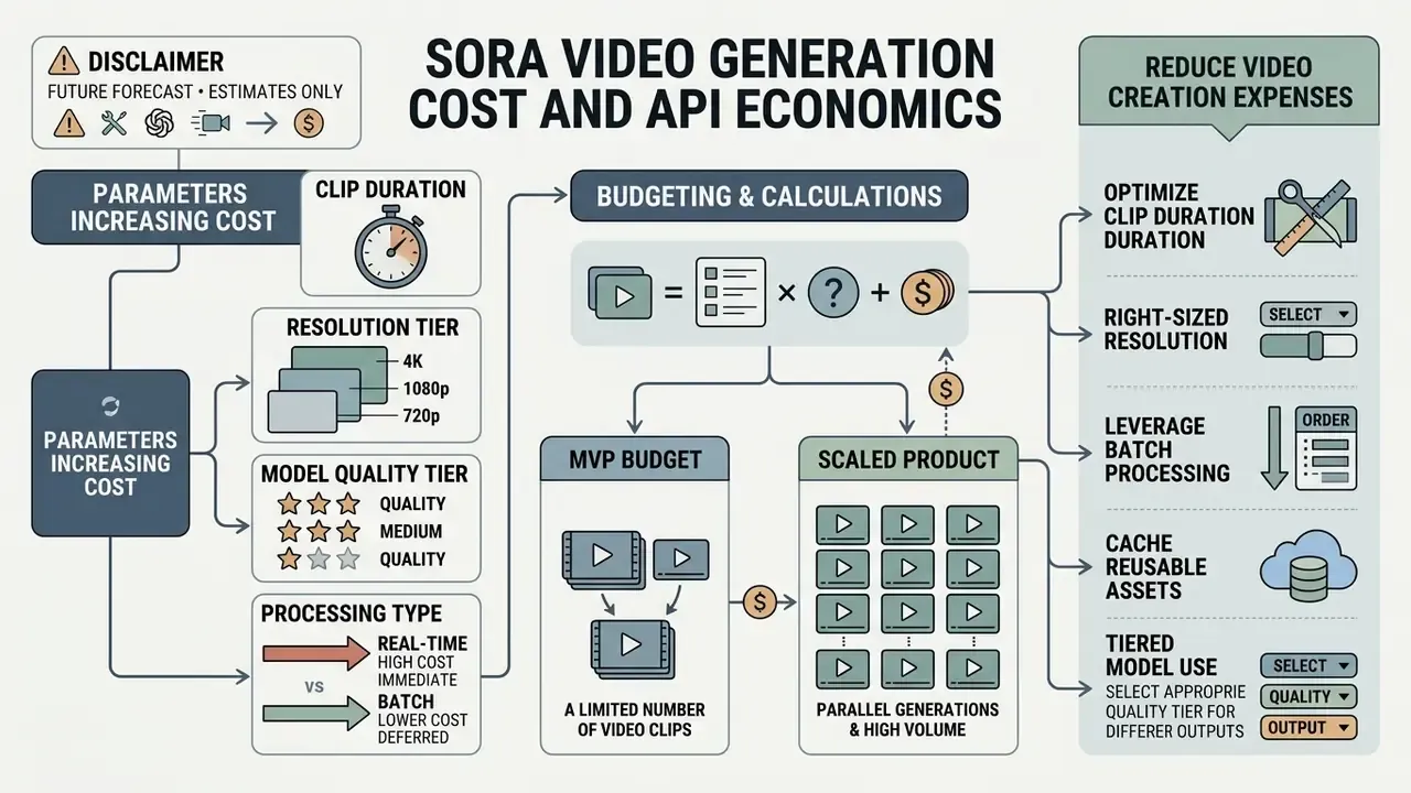Infographic mapping factors that influence video generation expenses, budgeting methods, and cost-saving tips
