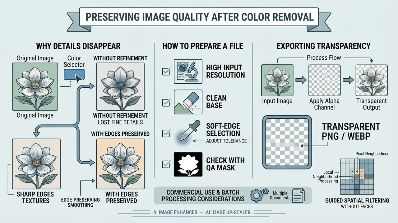 Infographic detailing methods to maintain edge sharpness and subject clarity during color removal
