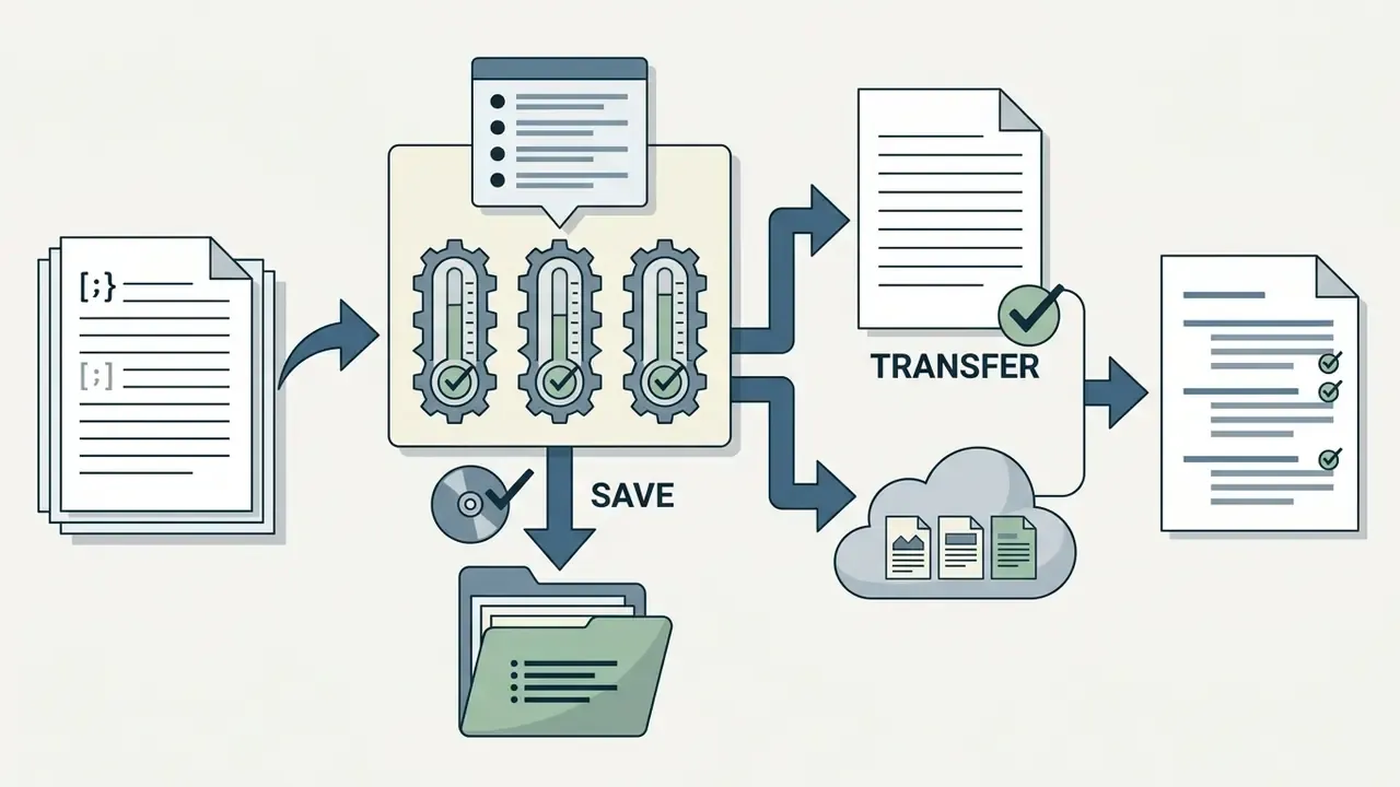 Document data being processed by gears and exported to a folder, a cloud storage service, or a text document