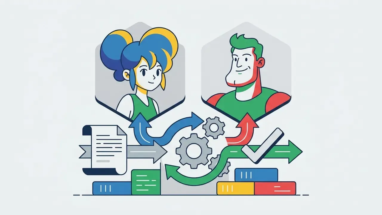 Stylized character portraits in hexagons connected to gears, documents, and a checkmark icon