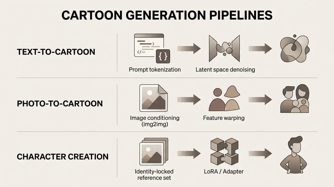 Flowchart detailing the technical steps for text, photo, and character-based cartoon generation pipelines