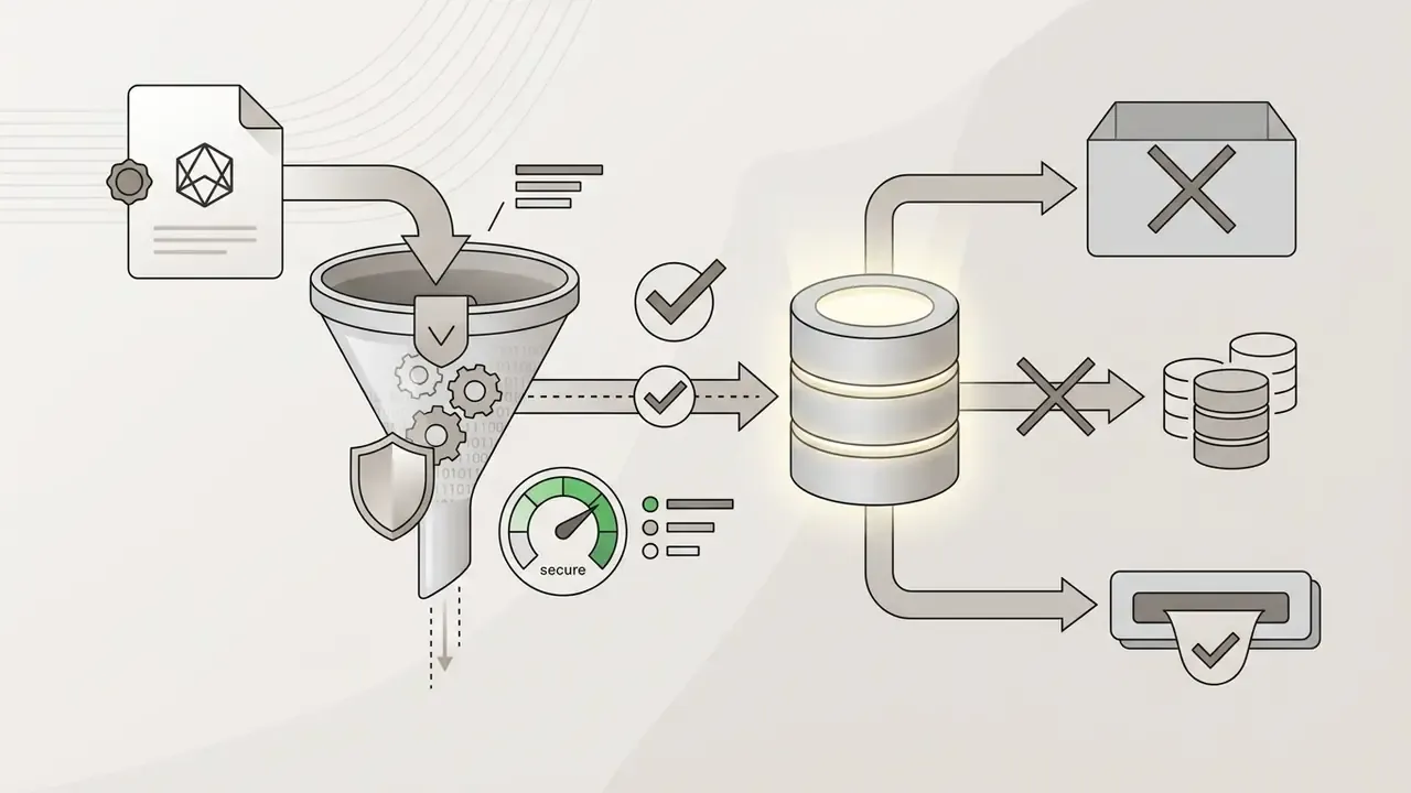 Data funnel processing user uploads into a secure server while blocking external storage and training sets