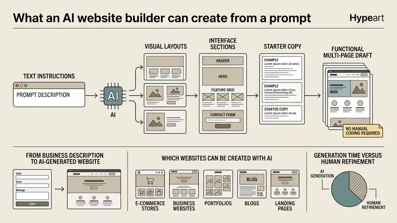 Flowchart showing how text prompts are converted by AI into website layouts, copy, and functional drafts