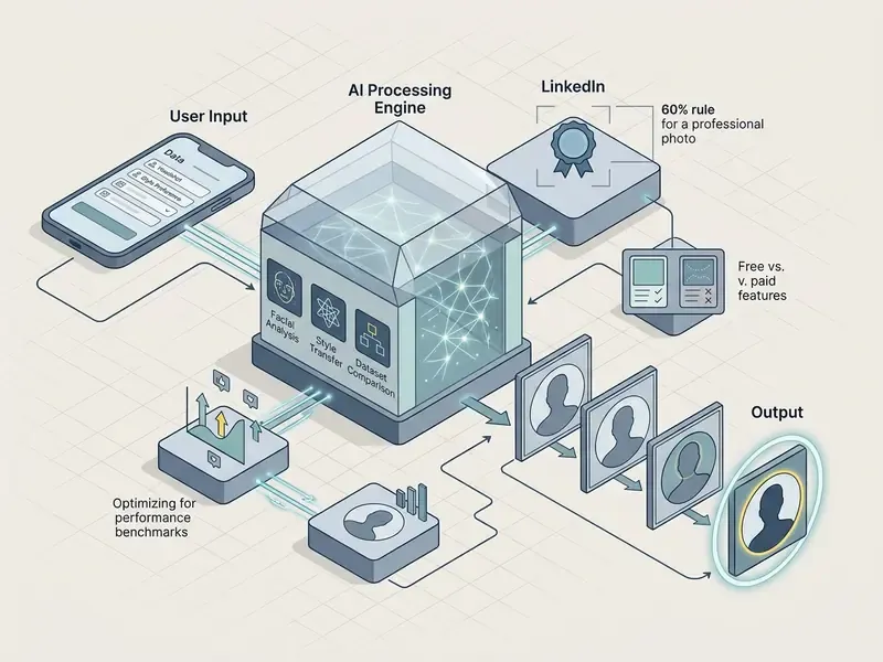 Diagram showing data flowing from a mobile device through an AI engine to generate professional portraits
