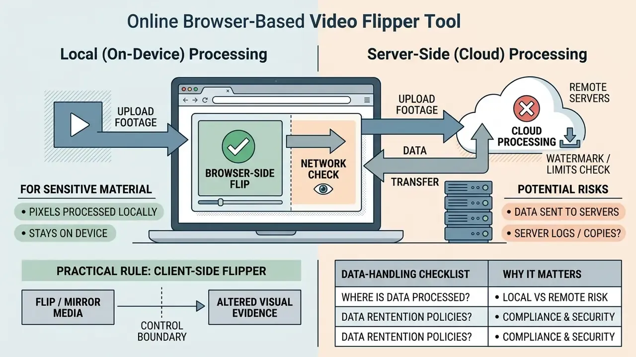 Comparison infographic showing local versus cloud processing workflows when you flip video online
