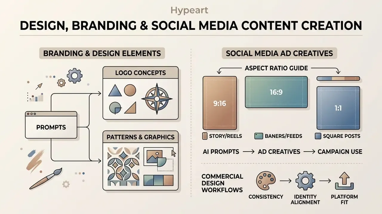 Infographic displaying aspect ratios for social media alongside branding and design element workflows