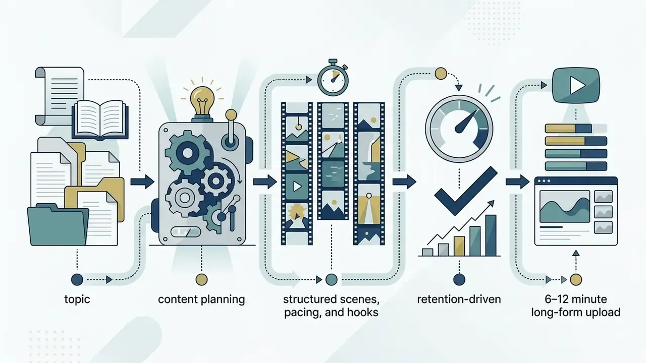 Workflow showing topic research, content planning, scene structuring, and retention optimization for long-form video