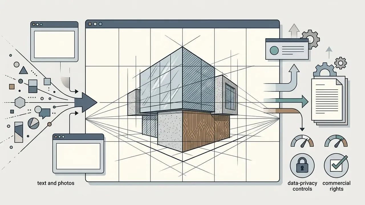 Geometric shapes and photos funneling into a perspective grid rendering of a modern architectural building