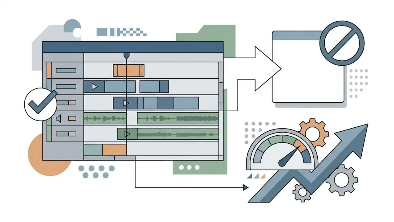 Multi-track video timeline showing watermark-free export and efficient performance processing