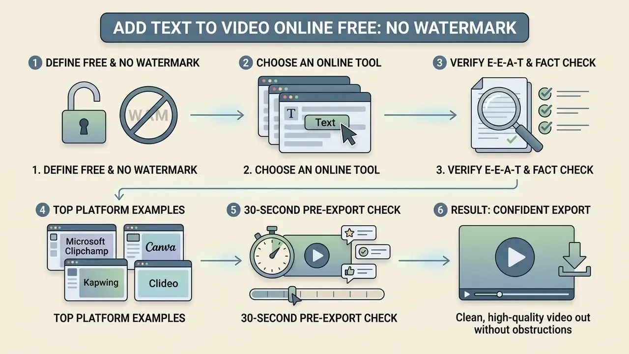Six-step process for choosing tools and verifying content to add text to video online without watermarks
