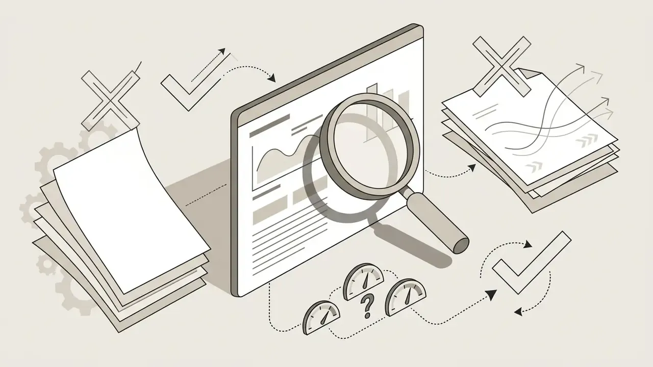 Magnifying glass over a dashboard with document stacks and status gauges indicating review and verification