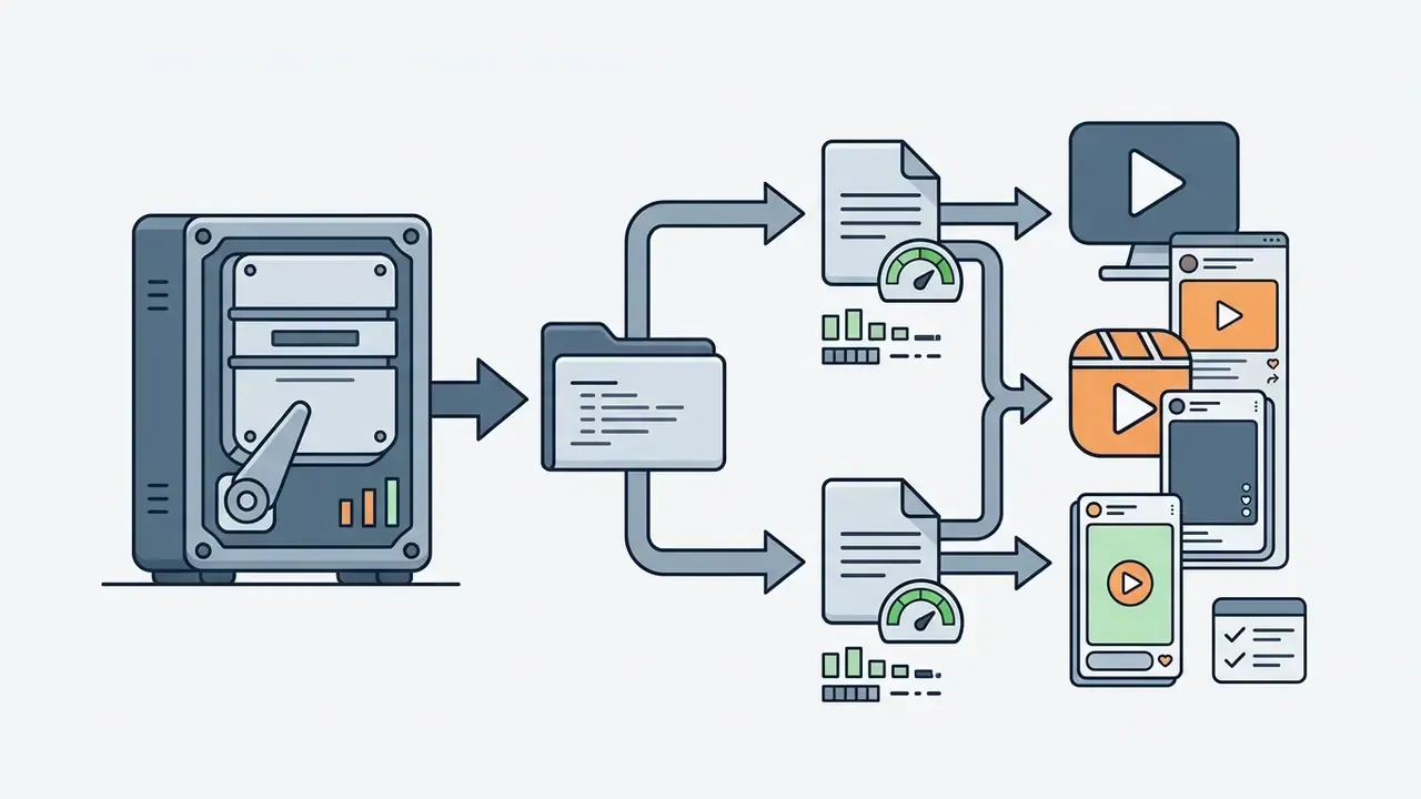 Diagram showing video files being exported from a project folder into various compressed formats