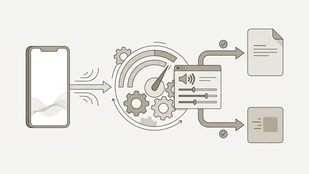 Smartphone video feed passing through a gear mechanism to adjust audio settings for output file formats