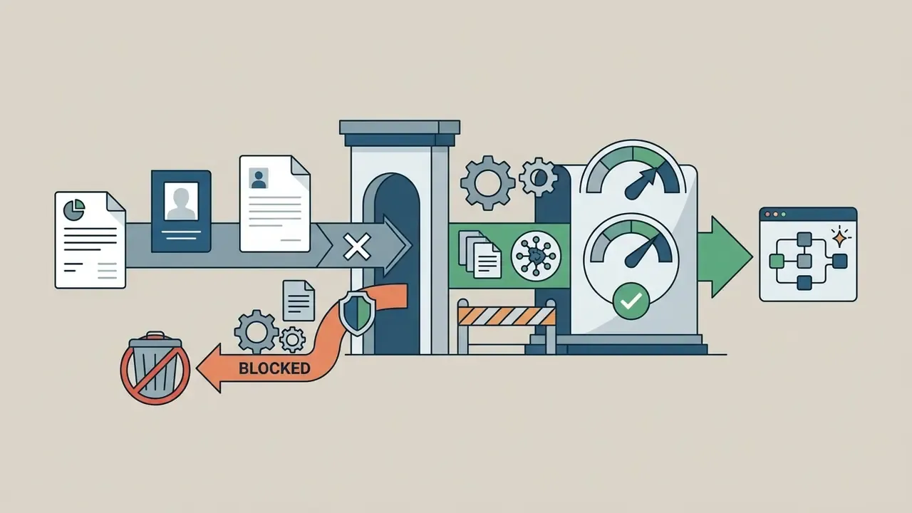 Documents passing through a gateway to a monitored processor with blocked files diverted to a trash bin