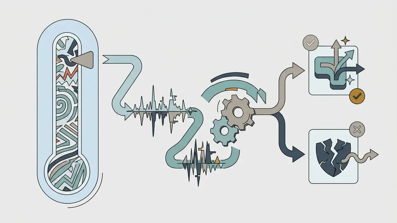 Thermometer gauge controlling audio waveform processing through gears into creative or broken outputs