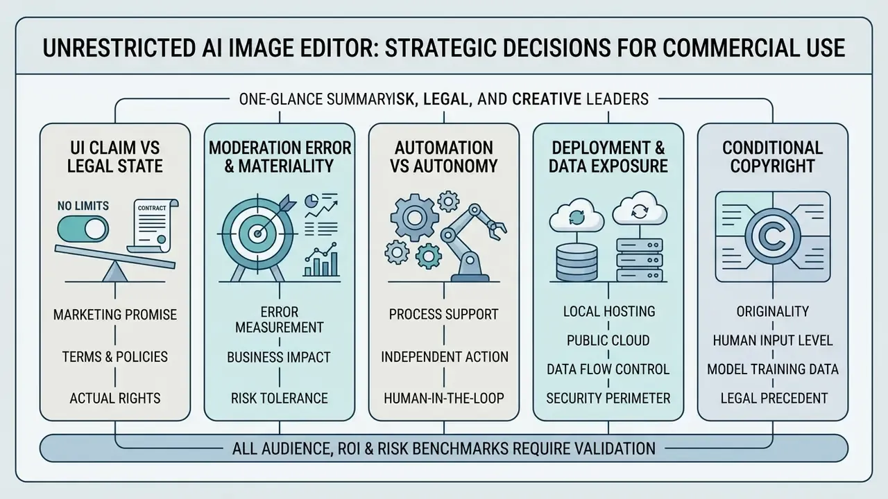 Infographic outlining five strategic decision areas for commercial use of an unrestricted AI image editor
